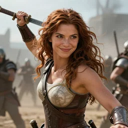 Xena: Warrior Princess with a smug smirk on her face after triumphing in an epic battle.