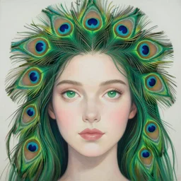 a painting of a woman with green eyes and hair made of peacock plummage, a surrealist painting by Tom Bagshaw, featured on cgsociety, pop surrealism, surrealist, wiccan, pre-raphaelite