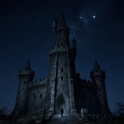 polaris, the north star, the pole star, evil and monstrous, stone watchtower, night sky, castle, single man, lonely, insanity, winking hideously like an insane watching eye which strives to convey some strange message, yet recalls nothing save that it once had a message to convey, artstation artgerm 8 k highly detailed by hieronymus bosch,
