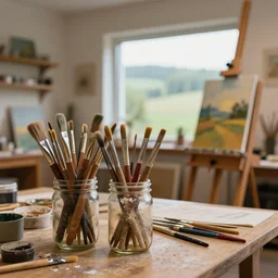 artists studio full of art equipment. mason jar full of brushes close view on table easel with paining by window scenic full shot ambient lighting