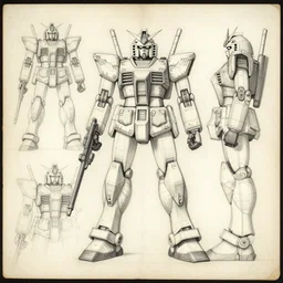 gundam schematic blueprint pencil sketch scientific drawing by leonardo davinci stained paper old masters multiple angles front 3 / 4 side profile views