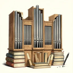 pipe organ made of large books, pen and ink digital illustration, subtle colors, by alan lee and john howe