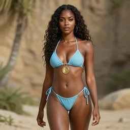 high fantasy, beautiful stunning black - skinned warrior woman wearing a powder blue brass bikini