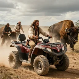 indian tribe  on wood ATV  attacking bisons, action scene, an epic western, dramatic lighting, cinematic, establishing shot, extremely high detail, photorealistic, cinematic lighting, artstation, octane render, old photo, buffalo hunt movie, alpha movie, western