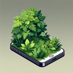 ( ( dither ) ) editorial illustration an isometric iphone with lush foliage overgrowth, modern art, giuseppe riccobaldi, christopher balaskas, mads berg, detailed, composition perspective, halftone shaded, matte print, rich grainy texture, grainy gradients