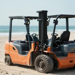 forklift on the beach looking at sea, cinema style, sharp forcus, depth of field, 4 k, photo lense, isometric view