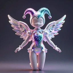 3 d render of a jester angel covered in glitter glue in a holographic leotard