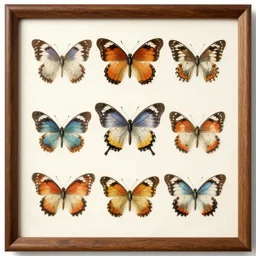 taxonomy illustrations of butterflies in the style of carl linnaeus. watercolour on parchment. close up, wooden frame 8 k /
