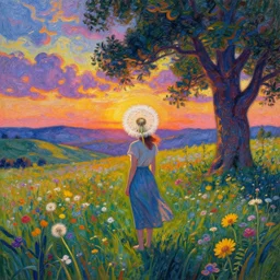 girl with dandelion head, surreal photography, dream, standing in flower field, hills, big trees, sunrise dramatic light, impressionist painting, colorful clouds, digital painting, pointillism, artstation, simon stalenhag