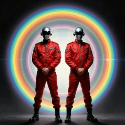two time emperors wearing techno visors and red rick owens flight suits with their hands behind their backs inside the glowing geometric rainbow portal to the sixth dimension by frank frazetta