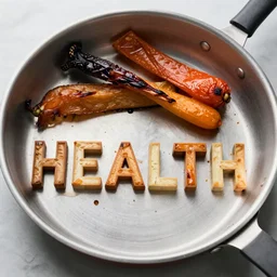 pan of roast veggies spelling the word HEALTH, hard light, professional food photography, 80mm, top down