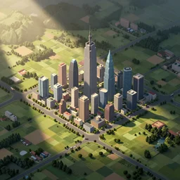 a realistic isometric digital art of a rural transition city skylines