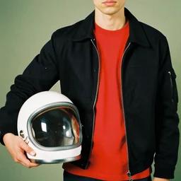 a high definition film fashion photography of a male model wearing a black jacket over a red t - shirt and holding a retro vintage astronaut helmet with hipster cinematic colors, trending on instagram, photography, sigma 8 5 mm f / 1. 4