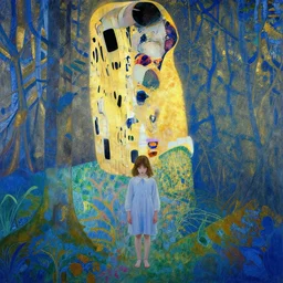 a young girl lost in a blue golden forest, film still by edward hopper, by Pontormo, by klimt, art noveau, highly detailed, strong lights, liminal, eerie, Bright pastel colors