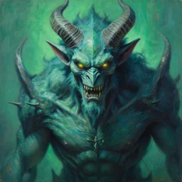 A closeup portrait of the colossal majestic mystical gothic blockchain demon, by Wayne Barlowe, by Paul Lehr, by Bruce Pennington, oil on canvas, masterpiece, trending on artstation, featured on pixiv, cinematic composition, beautiful lighting, sharp, details, details, hyper-detailed, no frames, cyan and green, 8K