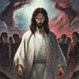 anime style jesus standing between heaven and hell looking badass with a detailed face blue eyes with a group of people behind him, highly detailed, mega details, photo realistic