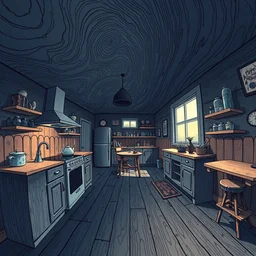 fisheye spiral lines, naive, extra narrow, detailed illustration of a kitchen, large floor, dimly lit by rhads from lorax movie, trending artstation, wood texture dark blue tones