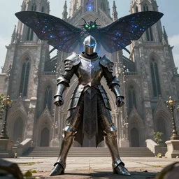 man standing in defensive pose, good anatomy, fantasy knight, magic armor, servant of dark moth, magic eyes, digital art, concept art, best of 2023 on artstation style, simulation, structure, fine, wide angle, natural light, volumetric, behind is a great church of magic