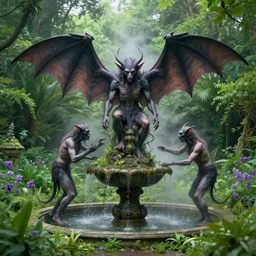 a tar demon worshipping a satanic altar atop a fountain in a lush dense verdant garden by victo ngai and dan mumford and james gilleard, bat wings, mist, hyperrealism, volumetric lighting, god rays, ultrafine details, sfumato, purple flowers, overgrown