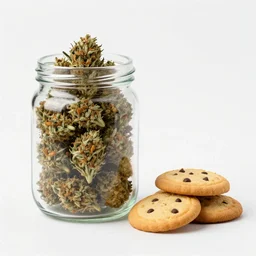 a jar full of weed buds, and cookies next to the jar. fashion photography, product photography, hermes ad, solid background, toiletpaper magazine
