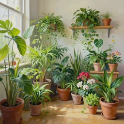 Amazing painting of a room interior with lots of houseplants and fresh flowers, hyper-realistic, detailed, trending on Artstation