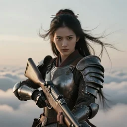 symmetry! closeup portrait of a beautiful biblical diabolical samurai girl holding a rifle, cyborg armor, in clouds, cinematic studio light, windy, sunrise, by gerald brom, by mikhail vrubel, by peter elson, muted colors, extreme detail, trending on artstation, 8 k