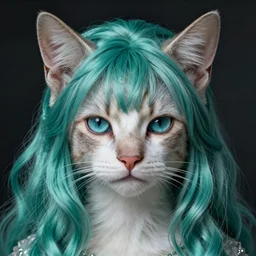 centered detailed portrait of a extremely beautiful young cat, princess and elves hybrid, symmetrical, long wavy teal hair, sharp focus on the eyes, final fantasy, details, intricate, octane render, smooth face, illustration, hyperrealistic, by wlop and dmitry prozorov, artgerm, artstation,