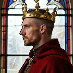 detailed side - view portrait of a stern man wearing a golden crown, buzzcut, stubble, red coat, medieval stained glass window, masterful, backlit