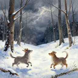 lush chia animal frolicking in snowy woods, stormy skies. russian fairytale art, gouache, dynamic composition, backlighting