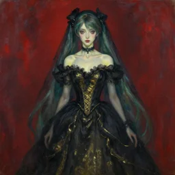 A very soft and dark haunting oil painting portait of Hatsune Miku in a black golden wedidng dress, scarlet background, by Oskar Kokoschka and Joan Miro and Antonio Saura, ethereal, evil presence, haunted painting, Tachisme, realism, realstic lighting