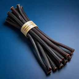 bundle of black licorice on a blue background, long strands of shiny candy, twizzlers, chewable, chesley bonestell, vincent di fate