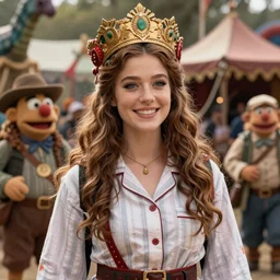 detailed ultrarealistic photography medium shot of dnd organic festival rustic robust young queen in muppet pajama leyendecker, norman rockwell, greg rutkowski, artstation cinematic,