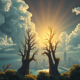 large city, clouds, sun blow up, lucid, dream, flux, volumetric lighting, near the beach, big trees by mc escher, colorized by... ross