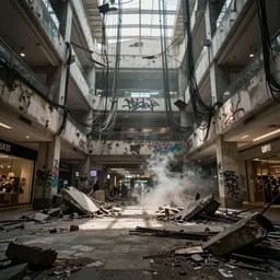 photo realistic!! a rundown mall interior with hanging wires and graffiti, very detailed, dramatic lighting, various rubble is on the ground, slightly smokey, artstation, unreal engine