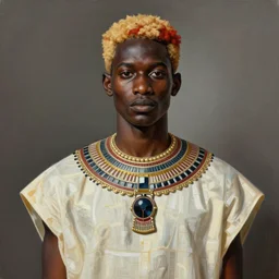 a professionally painted african male model , clothed in ancient street wear, dark skin, red gold hair, beautiful bone structure, big symmetrical scar features, stunningly, beautiful, intricate, elegant, digital painting, smooth, sharp focus, illustration, made by Jacob Lawrence, Sam Gilliam, Edmonia Lewis, Jean-Michel Basquiat