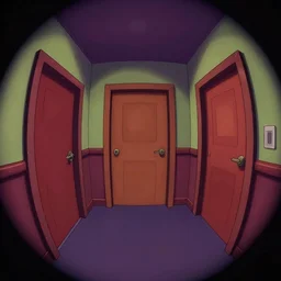 dimly lit, theater access corridor background, 3 doors, day of the tentacle style, fish eye, in the style of steven universe, clean lineart and color, vibrant