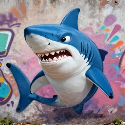 an angry cartoony shark, graffiti on a wall, highly detailed