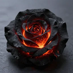 award - winning macro of a beautiful black rose made of glowing molten magma, inner glow, lava texture