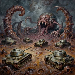 oil painting nightmare mollusk panzers and army tanks clawed landscape fecund afraid of tank treads hooped around rustscape in primoridal slimes by boris vallejo, terror by francesco blanc 1 9 7 1, richard m powers landscape, horror by enric torres, by jack gaughan