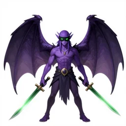 purple skin male elf with giant bat wings, wearing a blindfold with glowing green eyes, wielding green blades, official splash art