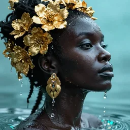 hyperrealistic precisionist cinematic profile very expressive! black oshun goddess, in water! up to shoulders, mirror dripping droplet!, gold flowers, highly detailed face, digital art masterpiece, smooth eric zener cam de leon, dramatic pearlescent turquoise light on one side, low angle uhd 8 k, shallow depth of field, still life photography