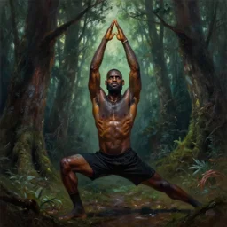 lebron james doing yoga in the forest, epic dark fantasy horror stylized oil painting by ivan shiskin. trending on artstation