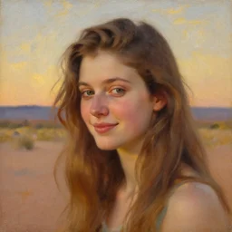 detailed oil portrait of rhea seehorn, dreamlike whistful expression, enigmatic smile, new mexico background painted by pierre auguste cot, very romantic, beautiful textures, desert sky, golden hour lighting