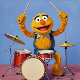 painting of the muppet show character animal drummer head banging to the tune of groove is in the heart, we're going to dance and have some fun, painted by james jean and fernando botero