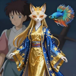portrait from an anime of an ethereal humanoid colorful gold blue starry fox peacock betta fish hybrid character accented in bright metallic gold, wearing star filled magic imbued mage robes, art by yuji ikehata, background art by miyazaki, realism, proper human proportions, fully clothed