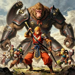 monkey king medieval chines armor fighting giant monster by gaston bussiere, greg rutkowski, yoji shinkawa, moebius, tsutomu nihei, yoshitaka amano, donato giancola, tim hildebrandt, trending on artstation, featured on pixiv, cinematic composition, extreme detail