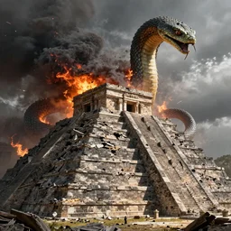 a photorealistic hyperrealistic render of a stone temple at the top of a aztec ziggurath destroyed by a monstrous giant snake, fire and smoke, destroyed, collapsed roof scene by greg rutkowski, wlop, artgerm, dramatic lighting, strong shadows, volumetric, cinematic atmosphere, octane render, artstation, 8 k