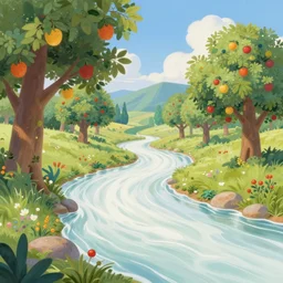 ultra detailed and realistic painting of paradise, with milk white rivers, fruit trees, inspired by very beautiful cute and colored disney movie backgrounds, rendered in 8 k unreal engine