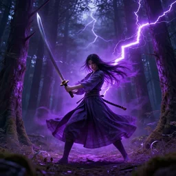 girl with a long skirt swinging a big katana in the forest with wind blowing the trees, purple aura, scary atmosphere, hyperrealistic, photorealistic, realistic, insane lightning, interdimensional lightning, 3d, 3-dimensional, multiverse, unreal engine 5 render, redshift render, octane render, cinema4d, blender