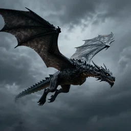 A large, black dragon is flying in the stormy sky. fantasy concept art, trending on ArtStation